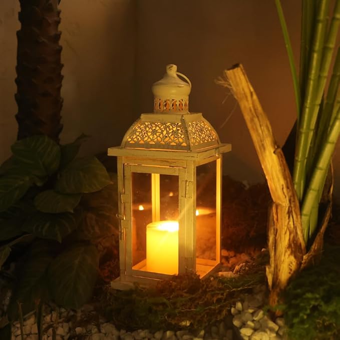 Decorative Candle Lantern, Beige Metal with Glass Panes, Indoor and Outdoor