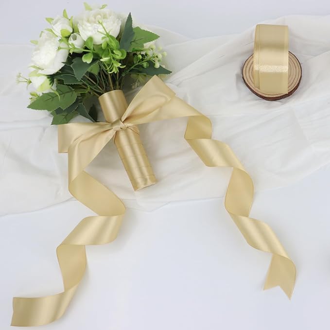 Champagne Solid Satin Ribbon 1-1/2 Inch 25 Yards Solid Polyester Fabric Ribbon for Gift Wrapping Wedding Christmas Baby Shower Birthday Party Decoration Handmade Immortal Flower Craft
