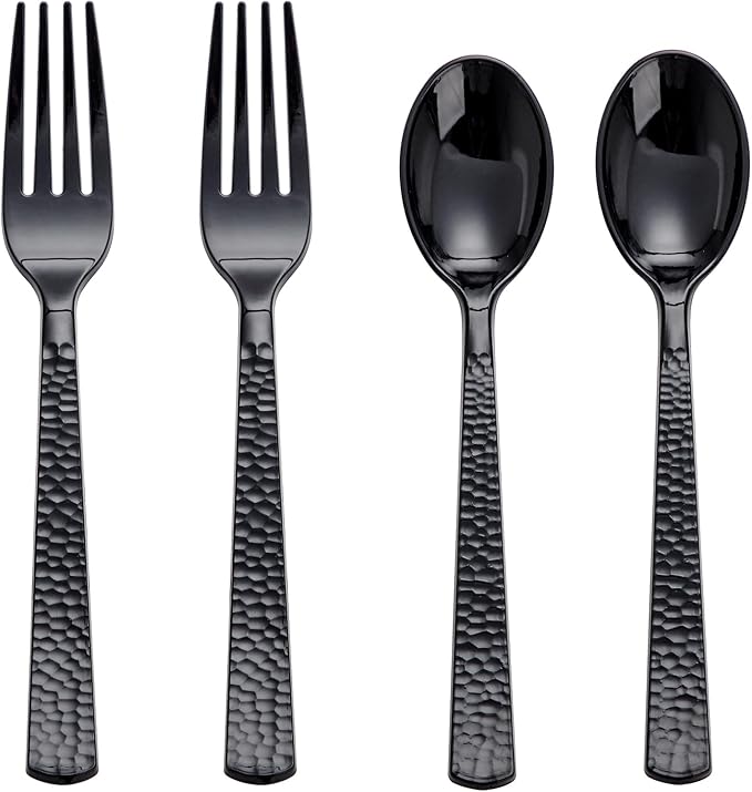 Spoons and Forks Set, Black Plastic Disposable, 400 Count, Hammered Finish