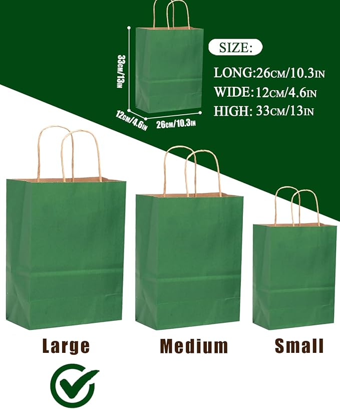 Gift Bags, Deep Green Kraft Paper, 100 Count with Handles