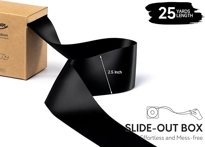 Black Satin Ribbon 2.5 Inch Double-Faced Wide Ribbon 25 Yards for Gift Wrapping Crafts Flower Bouquet Invitations Holiday Decorating