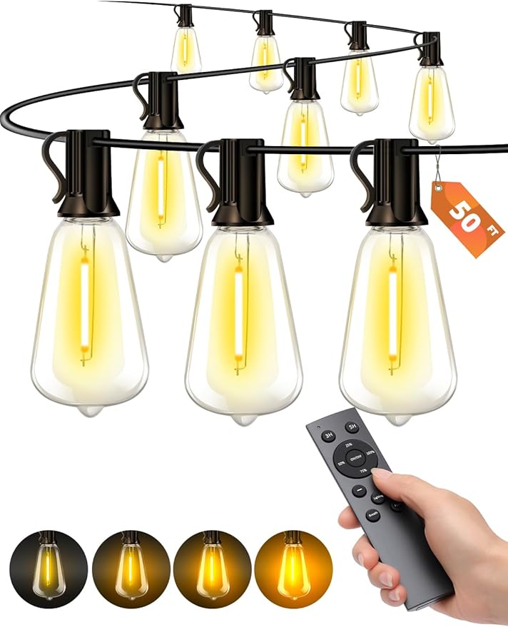 String Lights 50 Ft Outdoor Patio Edison Bulbs with Remote