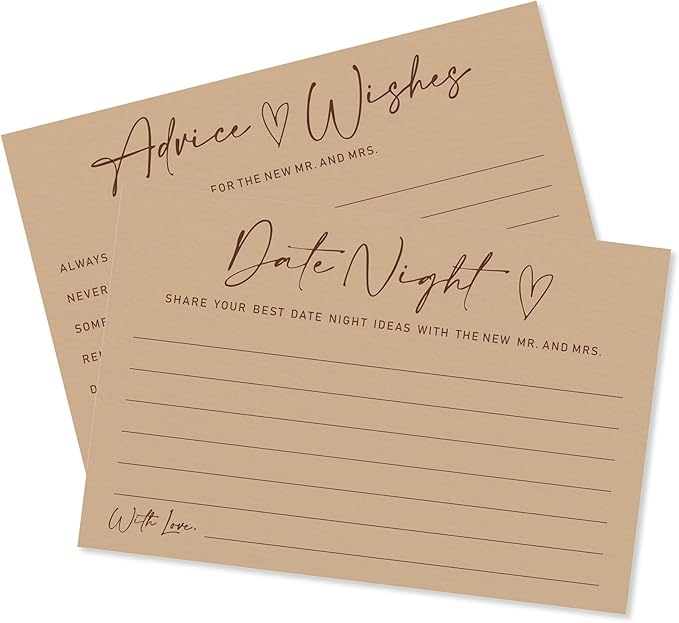Advice & Wishes Card Set - Minimalism Brown - 15 Advice & Wishes Cards & 15 Date Night Cards Cards For New Couple, Newlyweds, Engagement, Wedding Party Favor & Supplies - B03