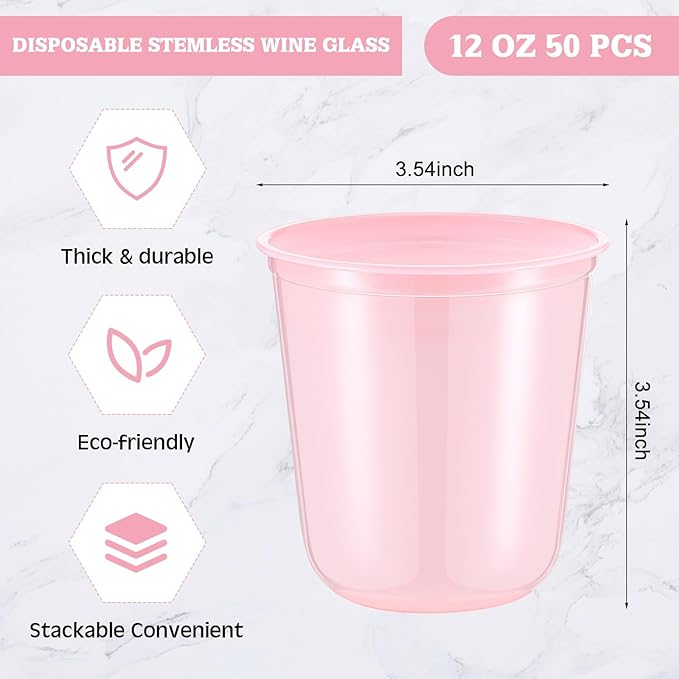 Disposable Plastic Wine Cups 12 oz Stemless Clear Party Glasses, 50 Count