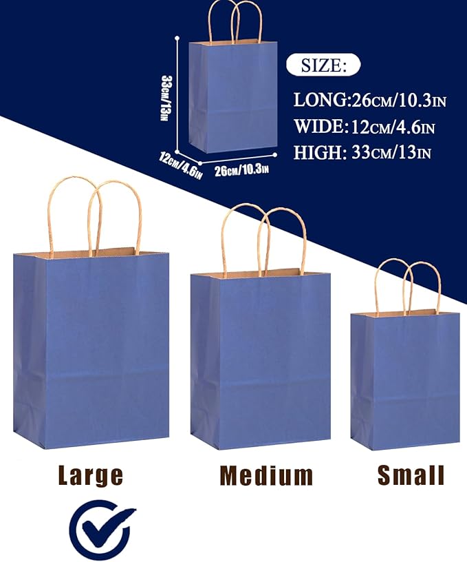 Gift Bags with Handles, Kraft Deep Blue, 13 x 10.3 x 4.6 Inch, 100 Pack