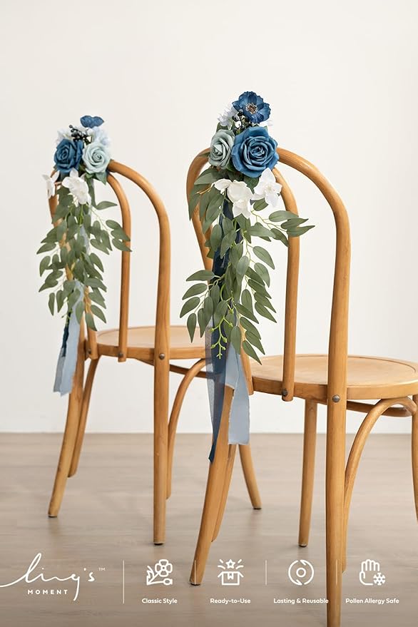 Artificial Flowers for Aisle Pews, 8 Pack in Dusty Blue and Navy