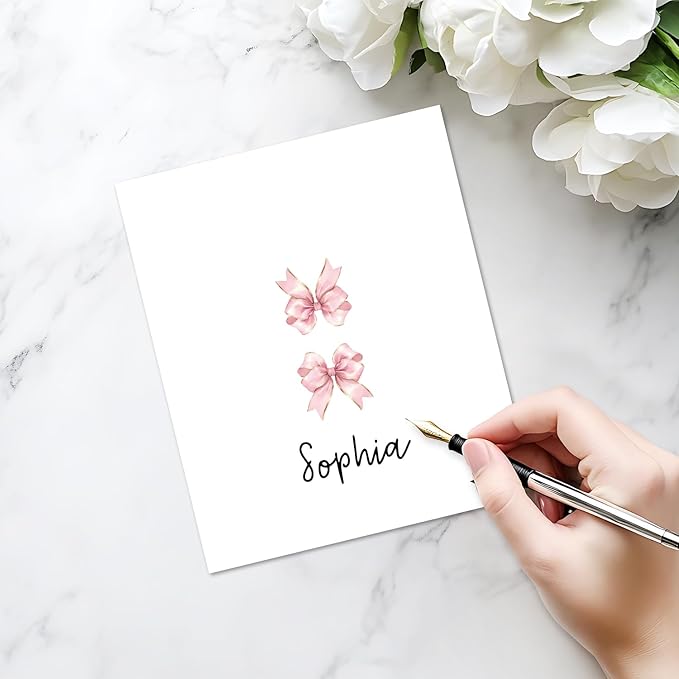 25 Pack Pink Bow Place Cards, Editable Name Cards for Table Setting, Bowknot Tent Cards Food Label for Dinner Party, Wedding, Bridal Shower, Baby Shower and Events -T31