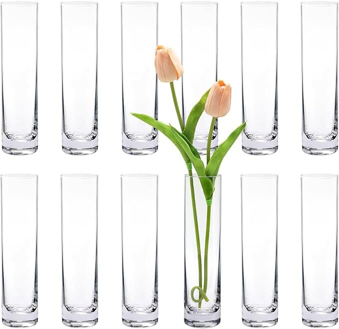 Vases Set of 12 Clear Hand-Blown Crystal Glass Cylinders, 7.5 Inch