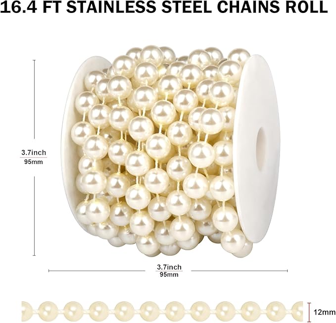 Pearl Bead Garland Trim, Ivory 12mm Beads, 16.4 Ft Roll