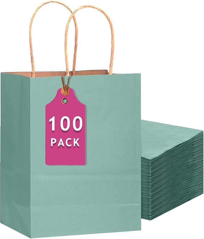 Gift Bags 100 Pack, Light Blue Kraft Paper with Handles