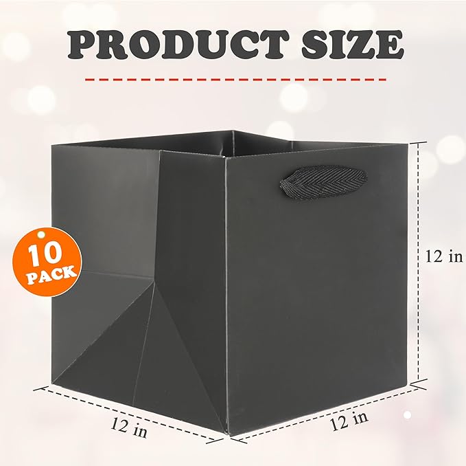 Gift Bags, Black Square Bottom Paper with Handles, 12x12x12 Inch, 10 Count