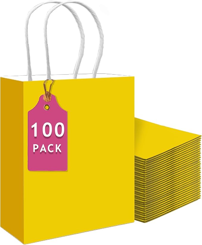Gift Bags with Handles, Bright Yellow Paper, 100 Pack