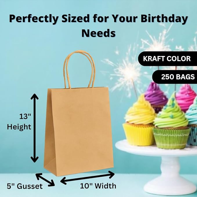 Gift Bags, Natural Kraft Paper, 10x5x13 Inches, 250 Pack