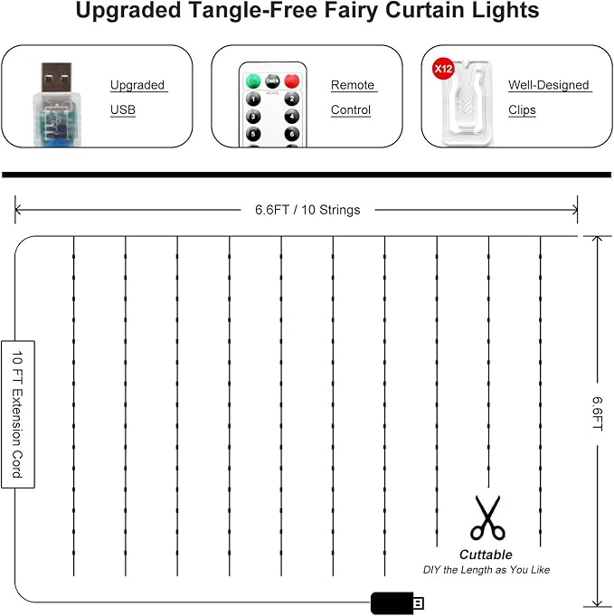 Fairy Curtain Lights Upgraded Tangle-Free Warm White USB Plug in 8 Modes String Hanging Lights with Remote for Christmas, Bedroom, Indoor, Outdoor, Weddings, Party (6.6FTx6.6FT)