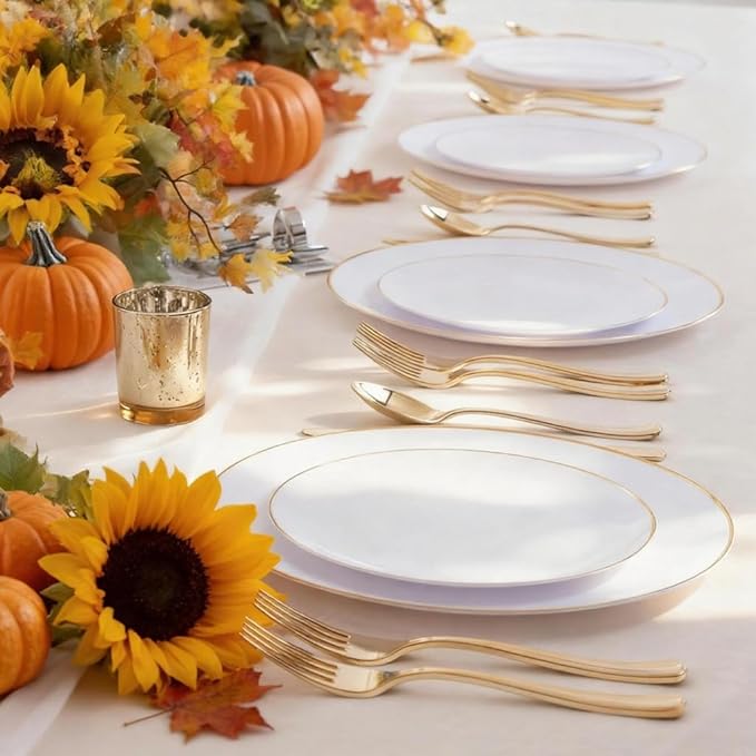 Disposable Plates, 60 Count White Plastic with Gold Rim, Heavy Duty