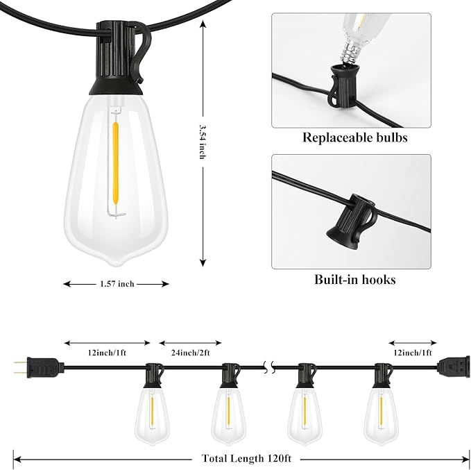 String Lights, 120 Ft Outdoor Edison Bulbs, 62 Shatterproof LED Bulbs