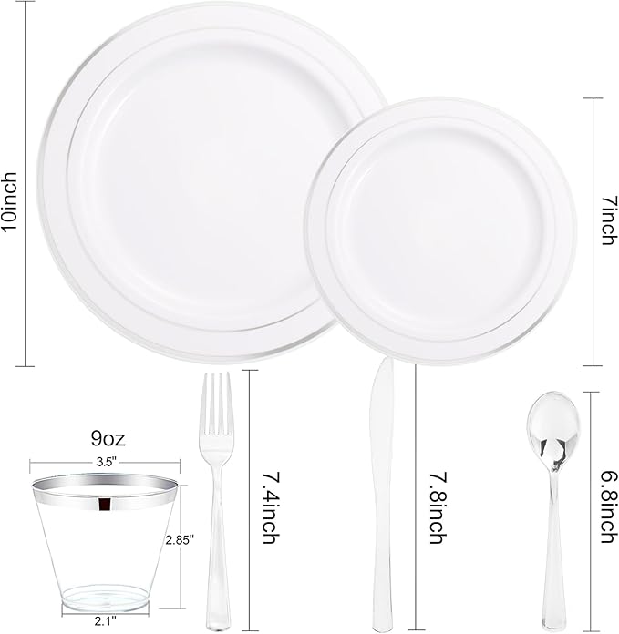Plates for 25 Guests: Silver Rim Disposable Dinnerware, 150 Pieces