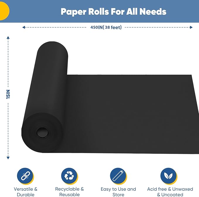 Black Wrapping Paper, 15"×450" Art Craft Kraft Paper Construction Bulletin Board Decorative Paper Roll for Father’s Day Birthday Halloween, Bouquet Graduation Gift Wrap for Nurse Men Boys