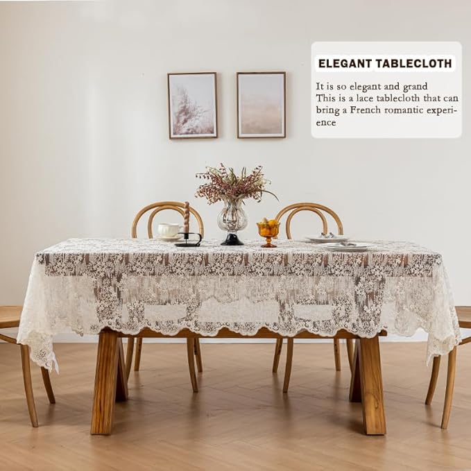 Lace Embroidered Tablecloth. Rectangle Lace Vintage Tablecloth Dustproof Table Protector for Kitchen Dining Room Party Banquet Home Picnic Wedding Decoration (Creamy White 70.5×53 inch)