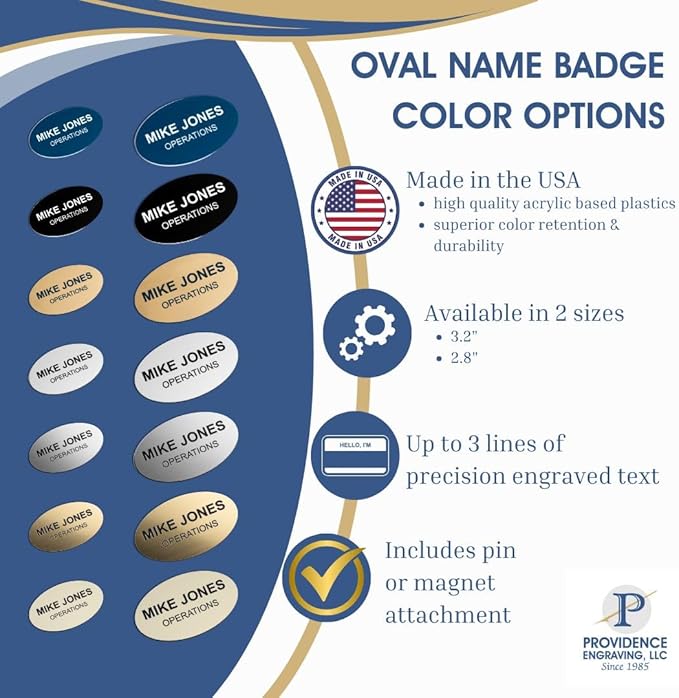 Custom Engraved Name Tag Badges – Personalized Identification with Pin or Magnetic Backing, 3.2 Inch Oval, Black/White
