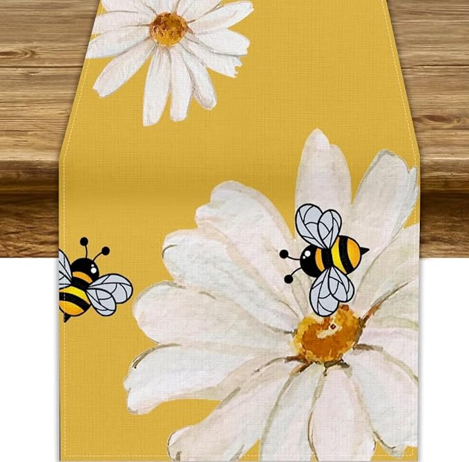 Daisy Flower Table Runner, Summer Spring Seasonal Watercolor Wildflower Yellow Bee Print Table Cover for Home Party Decor Kitchen Dining Table, 13x70inch