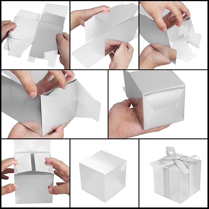 Silver Kraft Paper Favor Boxes 4x4x4 Inch with Ribbon and Tags, 50 Count