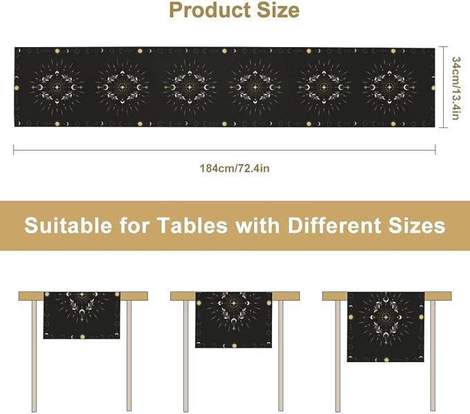 Sun Moon Table Runner, Magical Leaves Mysterious Western Traditional Elements Black White Table Runner for Party Living Room Home Kitchen Dinner Table Runner 13x120 Inch