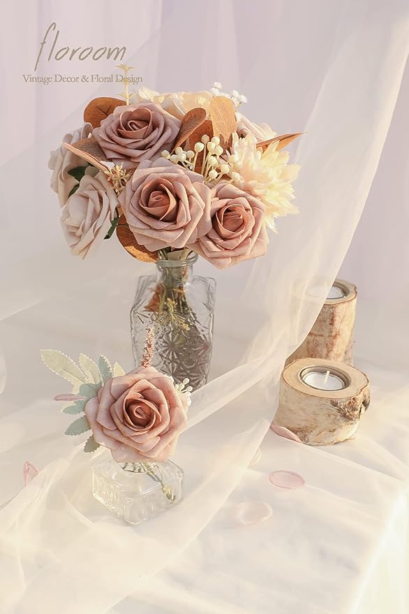 Floroom Artificial Flowers 25pcs Real Looking Warm Taupe & Nude Foam Fake Roses with Stems for DIY Wedding Bouquets Bridal Shower Centerpieces Floral Arrangements Party Tables Home Decorations