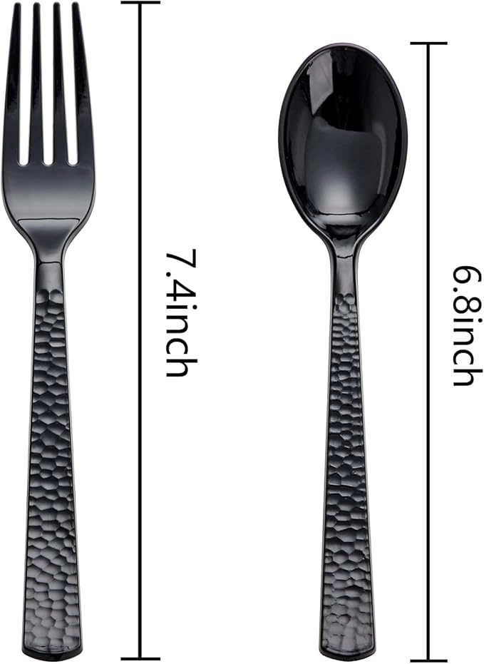 Spoons and Forks Set, Black Plastic Disposable, 400 Count, Hammered Finish