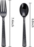 Spoons and Forks Set, Black Plastic Disposable, 400 Count, Hammered Finish