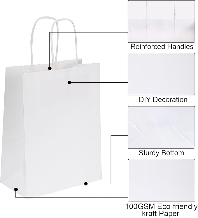 Gift Bags: 300 Small White Paper Bags with Handles, 6x3.25x8 Inch