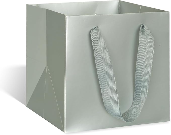 Gift Bags, Silver Laminated Paper with Handle, 10-Inch Square, Pack of 10