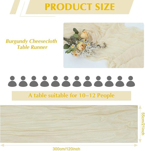 10 Pack Beige Cheesecloth Table Runner -21*120Inch Long Boho Wedding Table Decor, Rustic Gauze Fabric Runner for Bridal Showers, Baby Showers & Parties (Sheer, Lightweight, Wrinkled Design)