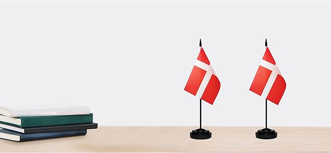 Denmark Danish Dane Deluxe Desk Flag Set Small Mini Miniature Denmark Danish Table Desktop Flags With Solid Pole, Black Base and Spear Top(2 Pack)