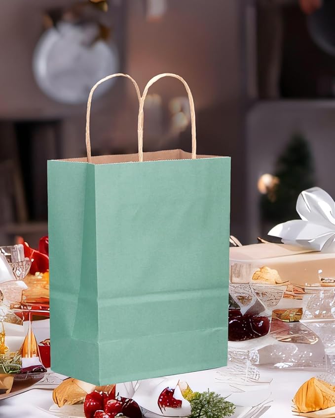 Gift Bags 100 Pack, Light Blue Kraft Paper with Handles