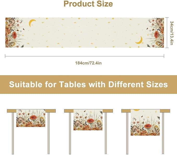 Mushroom Kitchen Table Runner, Gothic Moon Star Plants Witchy Moonlit Flower Butterfly Table Runner for Kitchen Dinner Living Room Drapes, 13x70 Inch White