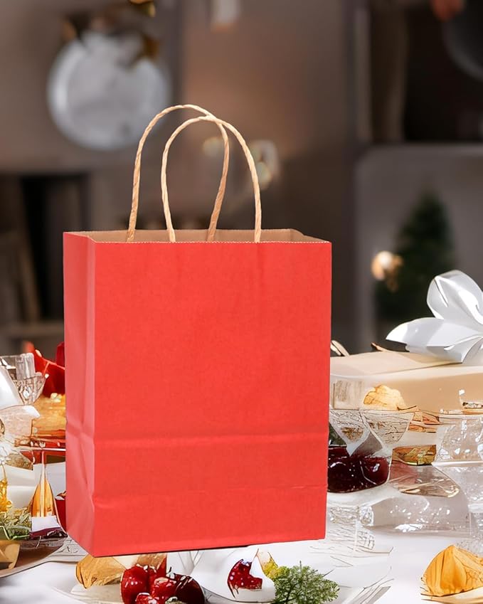 Gift Bags with Handles, Kraft Red, 100 Pack, 13 x 10.3 x 4.6 Inch