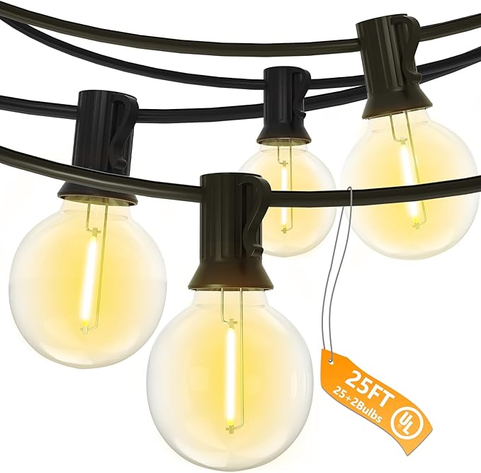 String Lights 25 Ft G40 LED Globe, Warm White on Black Wire