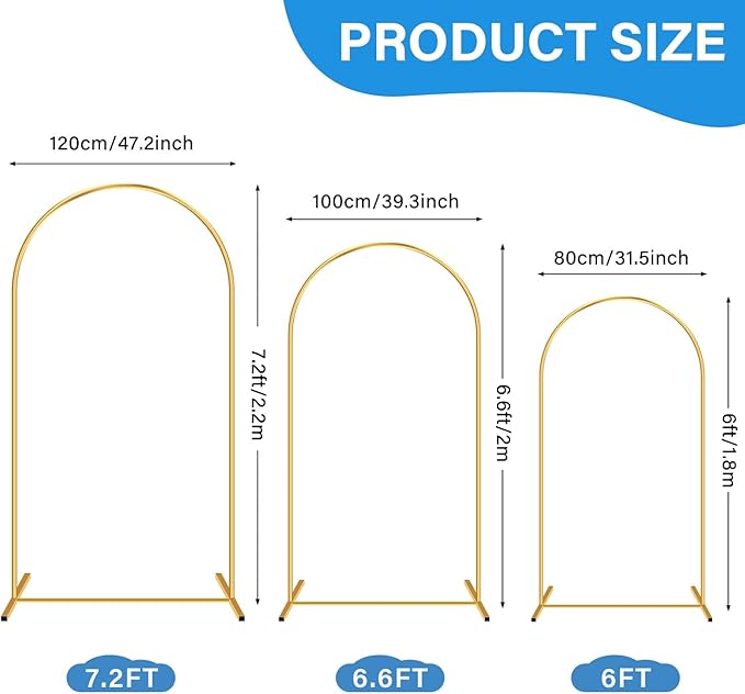 Heavy Duty Metal Arch Backdrop Stand, 7.2FT Stable Gold Arch Stand with Ground Stakes and Water Bags, Balloon Arch Stand for Wedding Party Baby Shower Photo Flower Arch Decration (7.2FT)
