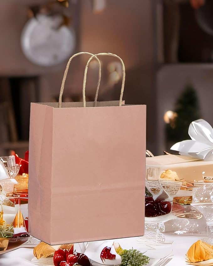 Gift Bags with Handles, 100 Pack Dusty Pink Kraft Paper Party Bags