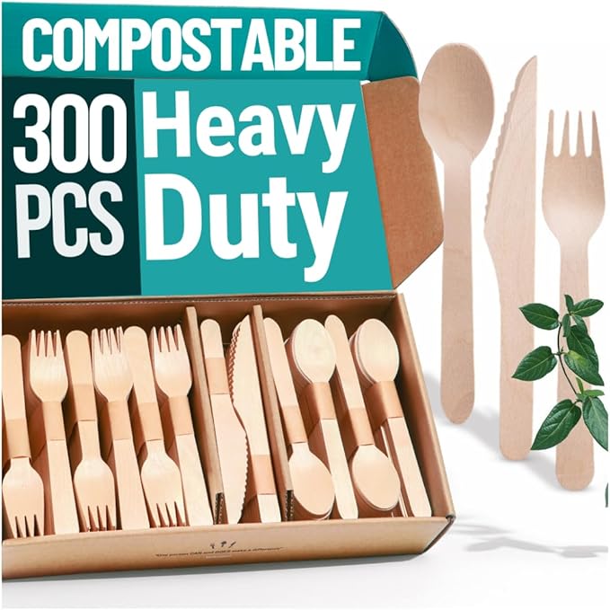 Disposable Wooden Cutlery Set, 300 Pieces, Natural Birch Wood