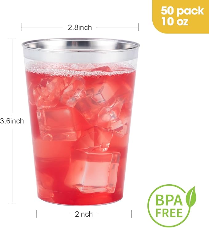 Goodluck 50PCS 10oz Plastic Cups for Party, Disposable Silver Cups, Plastic Cocktail Glasses for Wedding Thanksgiving, Christmas, and