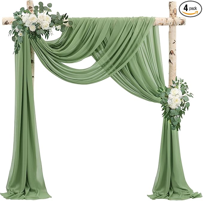 Wedding Arch Draping Fabric 4 Panels 20Ft length x 28" width Sage Green Arch Drapes Chiffon Fabric Sheer Curtains Backdrop for Party Bridal Decorations Wedding Ceremony Ceiling Stage Reception Decor