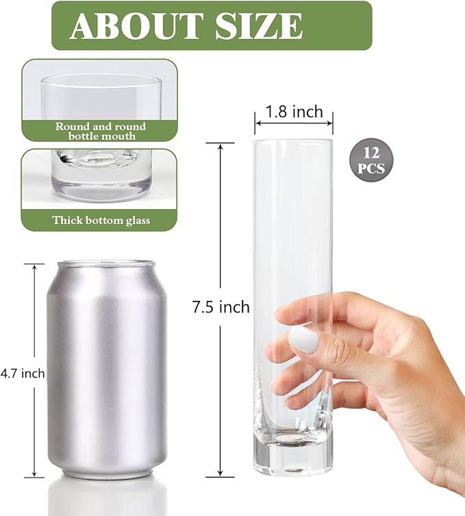 Vases Set of 12 Clear Hand-Blown Crystal Glass Cylinders, 7.5 Inch