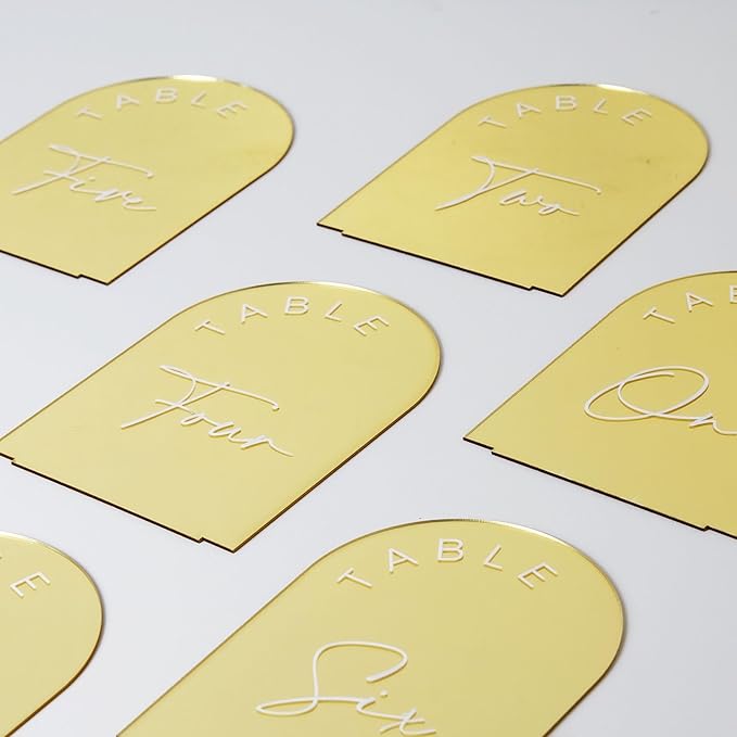 Table Number Signs 1-15, Gold Mirror Arch Acrylic with Stands
