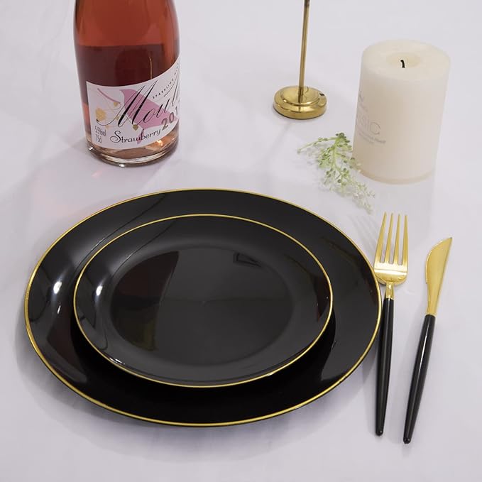 Plastic Party Plates, 60 Count, Black with Gold Rim, BPA Free