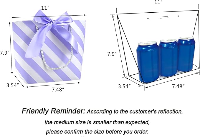 HUAPRINT Gift Bags with Handles,7.48×3.54×7.9 inches,Party Favor Bags with Bow Ribbon,12Pcs White and Light Purple Stripe Paper Bags for Birthday Wedding Bridesmaid Present Celebration Holiday