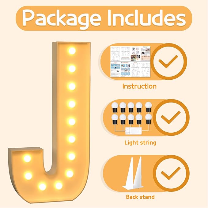 Party Decoration Letter J, 4 Ft Light-Up Marquee Sign with Light String