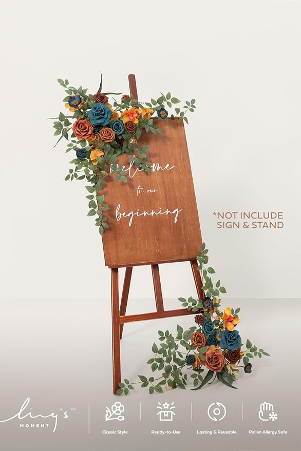 Artificial Floral Swag Pair, Teal and Orange Silk Flowers, Rustic Wedding Decor