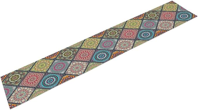 Boho Bohemian Table Runner, Vintage Indian Floral Print Table Cover for Farmhouse Kitchen Dining Table Decor Holiday Party, 13x60inch